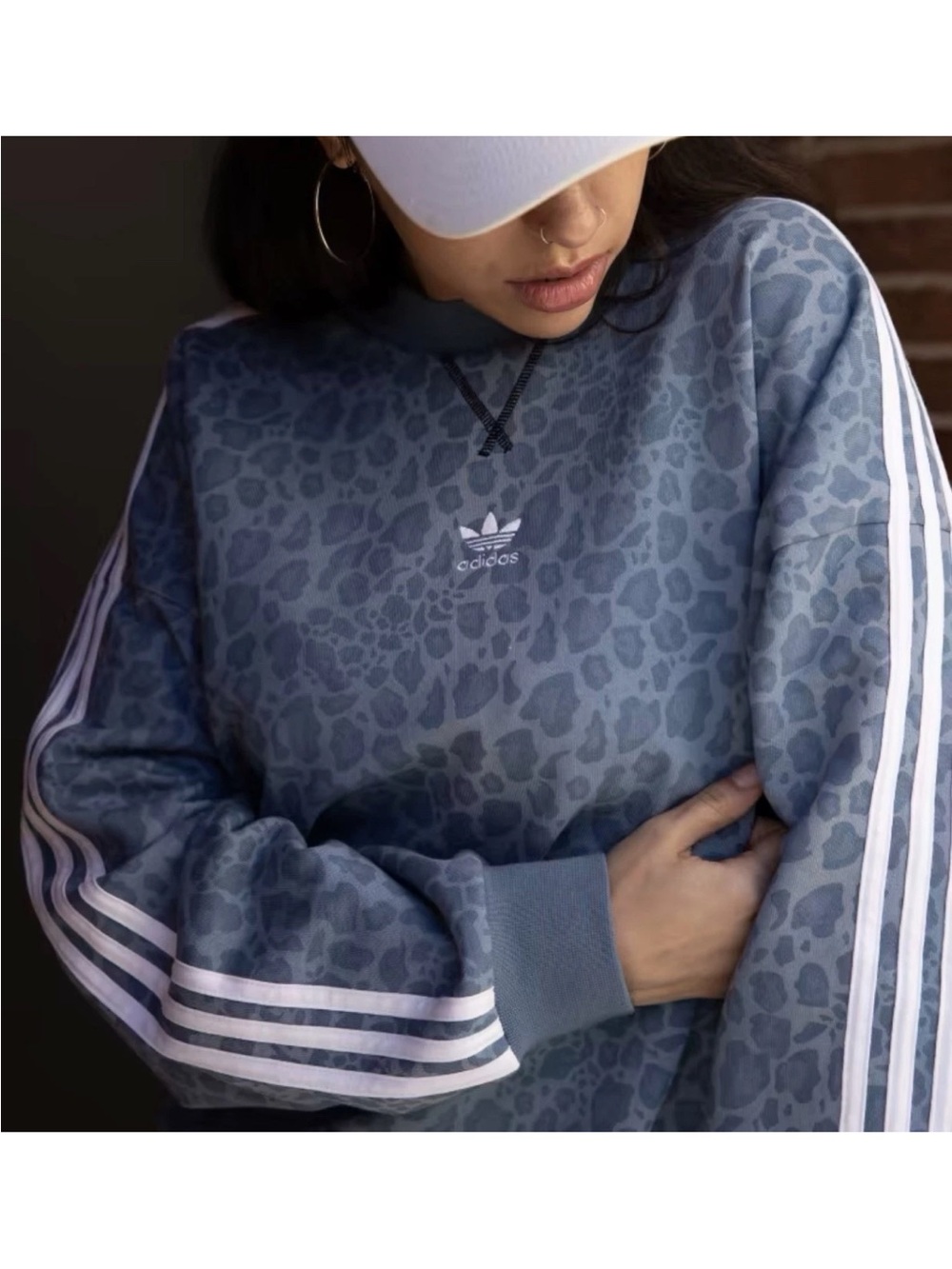 Adidas Women’s Blue Leopard Print Crewneck Sweatshirt